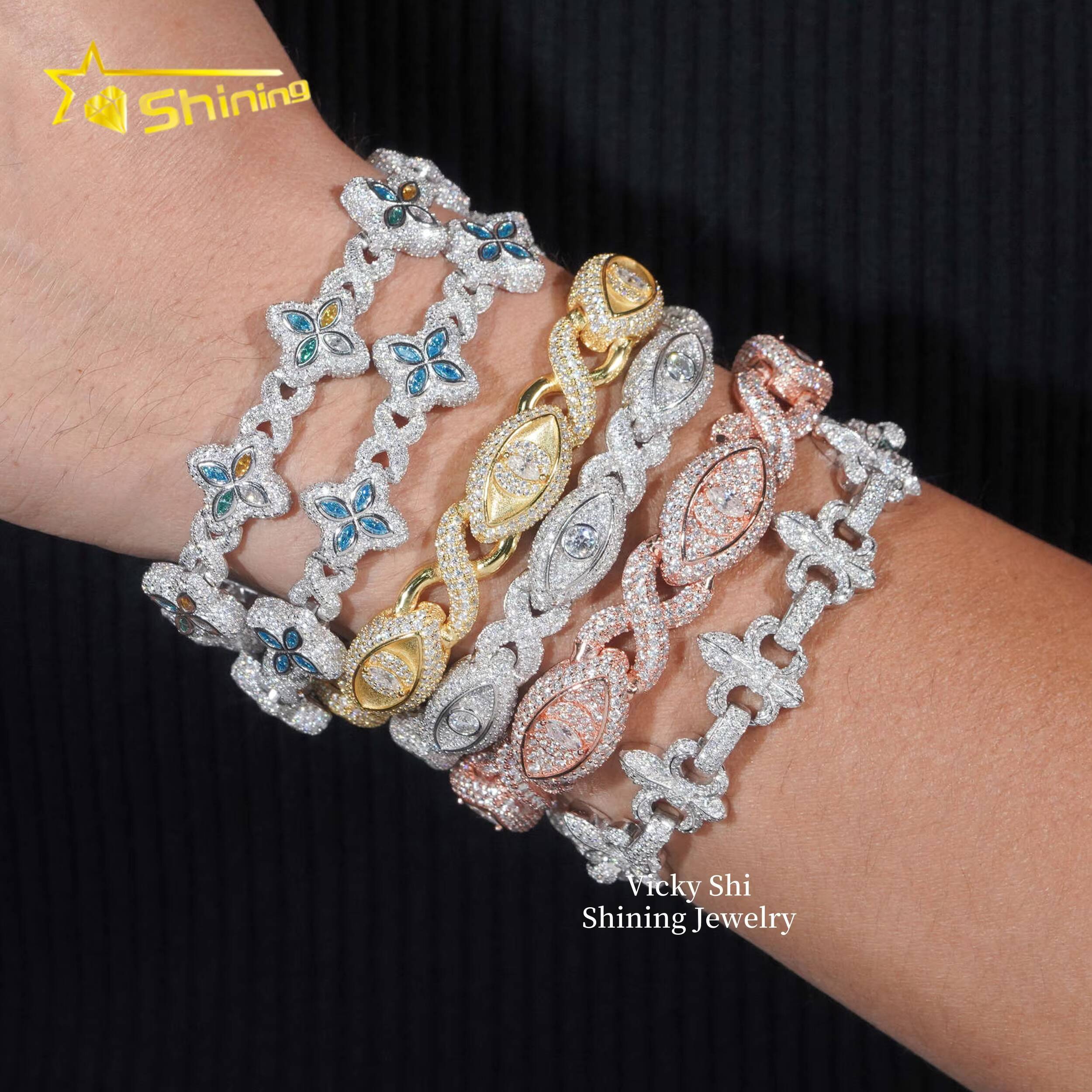 Men Hot Selling Moissanite Bracelets Collection Iced Out 925 Sterling Silver Moissanite Cross Evil Eyes Cuban Bracelet