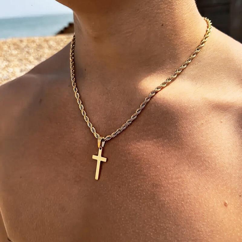 Titanium necklace, stainless steel men's high grade Fried Dough Twists chain, double cross, fashionable, versatile and colorfast pendant