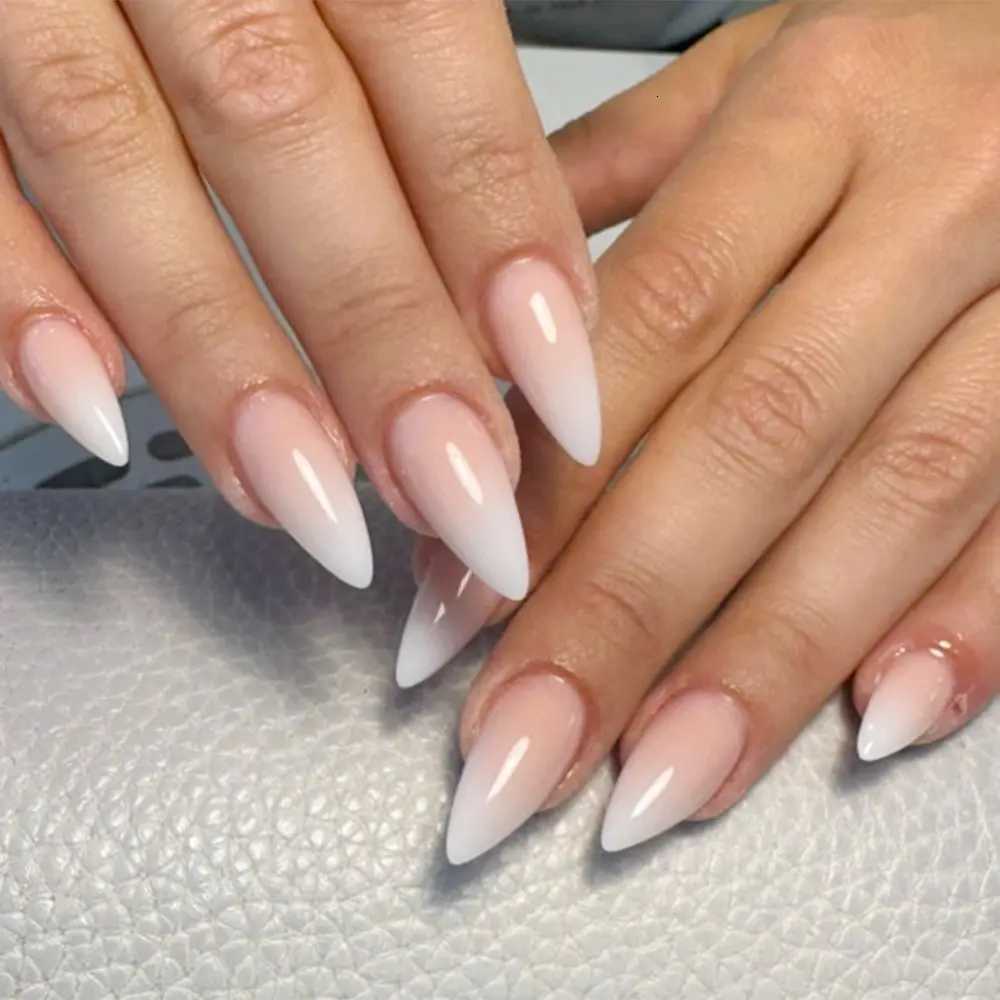 Full Cover Color Gradation Almond False Nail Aurora Rhinestones Fake Nails Golden Line Mid-length Detachable Press on NailsT251118T251119
