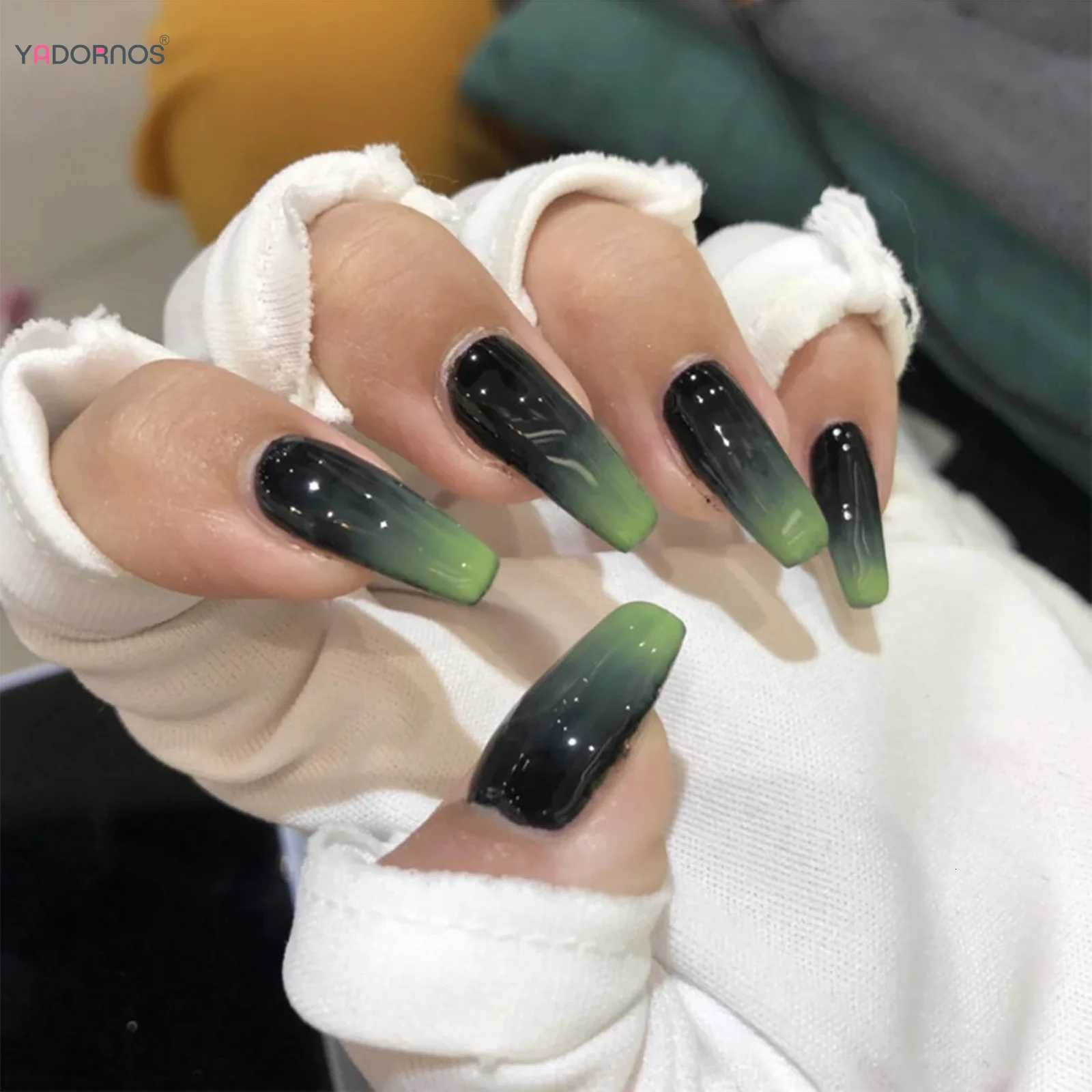 Black Green Long Coffin False Nails Gradient Color Press on Nails Full Cover Ballet Fake Nails Tips for Women Girls DIY ManicureT251118T251119