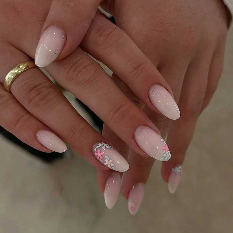 24Pcs Short Round Head Press on Fake Nails with Strawberry Flower Design False Nails Art Datachable Almond Full Cover Nails TipsT251118T251119