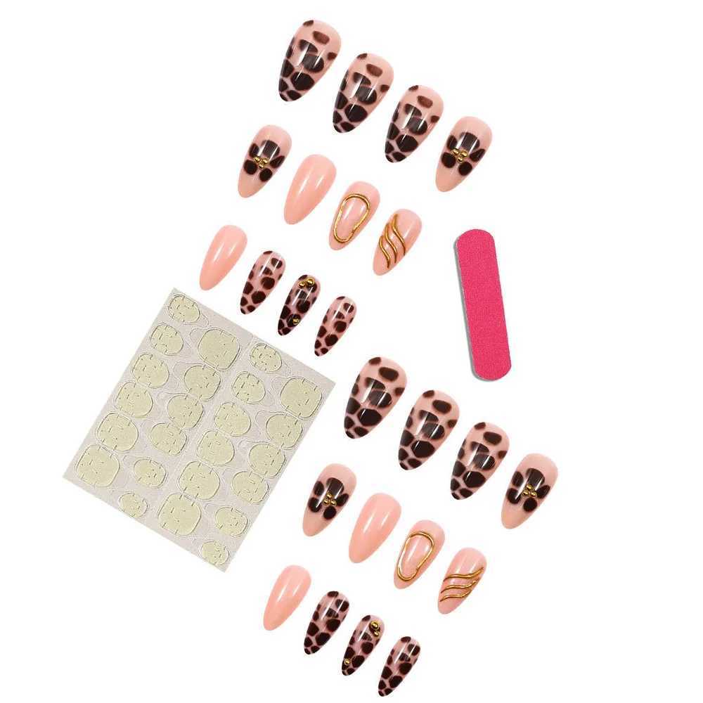 24Pcs 3D Glossy Leopard Print Press on Nails Medium Almond Metal Gold Fench line Fake Nails Full Cover Acrylic Fake Nails Tips 1T251118T251119
