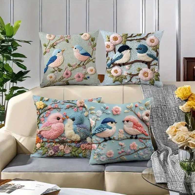 Floral Bird Covers 4pcs 2D Digital Print Faux Embroidery Soft Polyester Zippered for Living Room Sofa DecorM251119