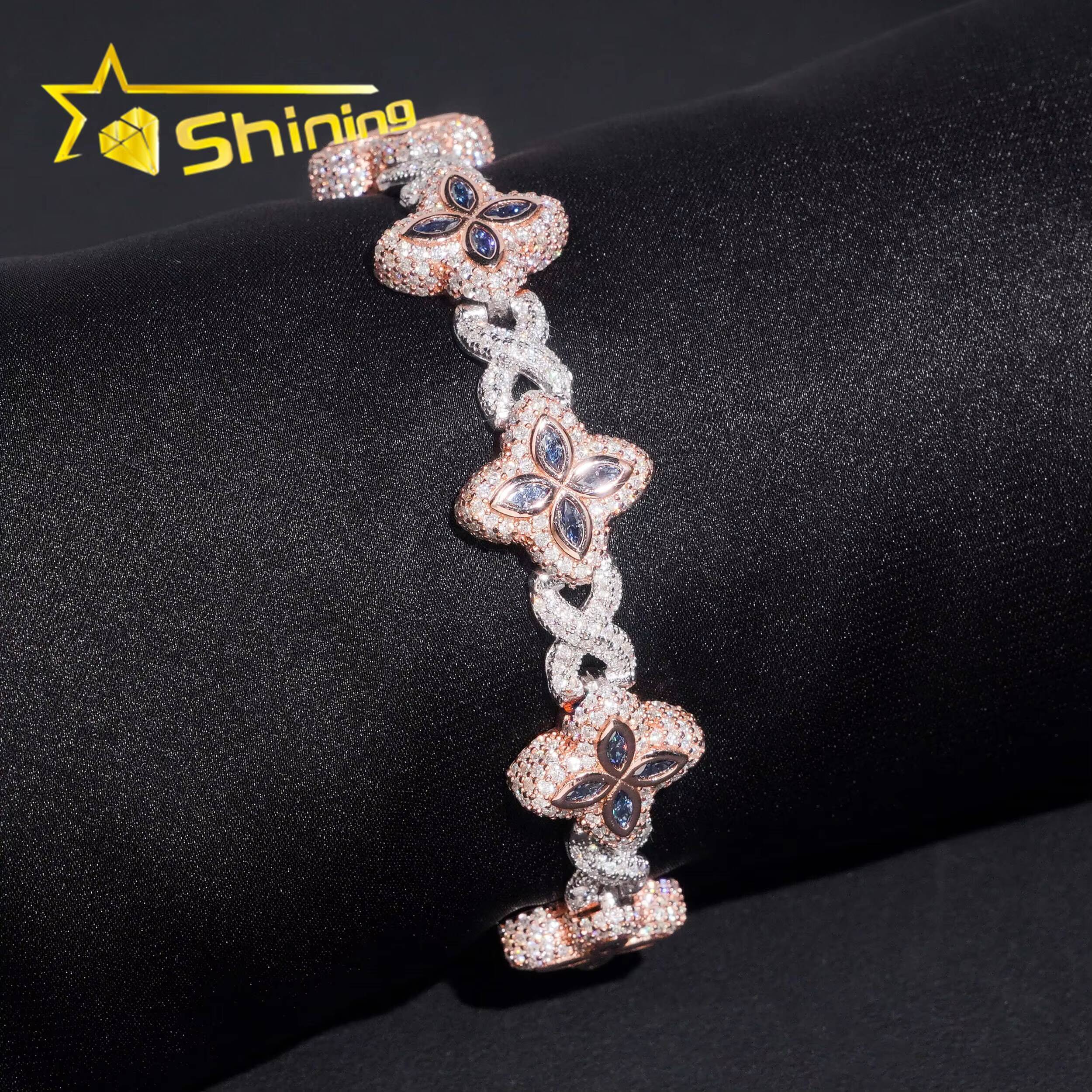 GRA Certified 925 Sterling Silver Hip Hop Two Tone Infinity Sapphire Marquise Clover Moissanite Diamond Bracelet
