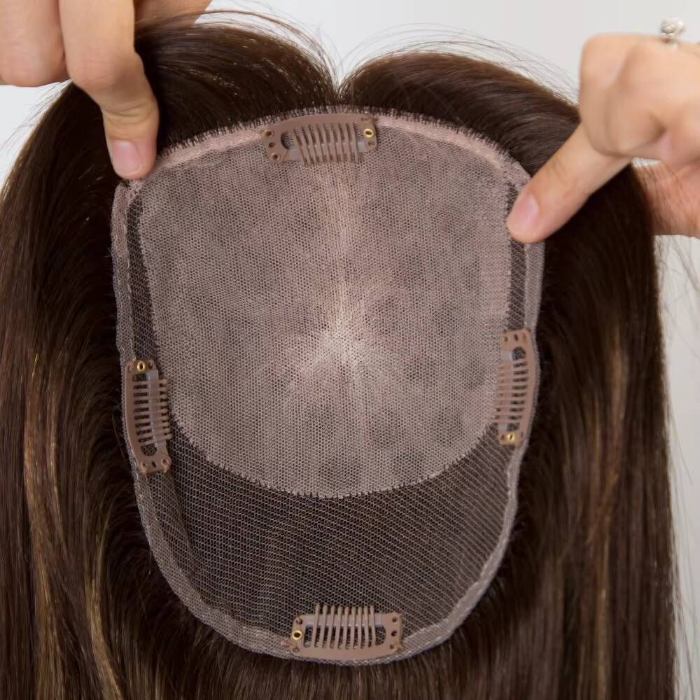 Spring Airy Brown Balayage 55x65 High-quality Double Silk Clip in 100 Human Hair Topper for Women Hairpieces Natural Look