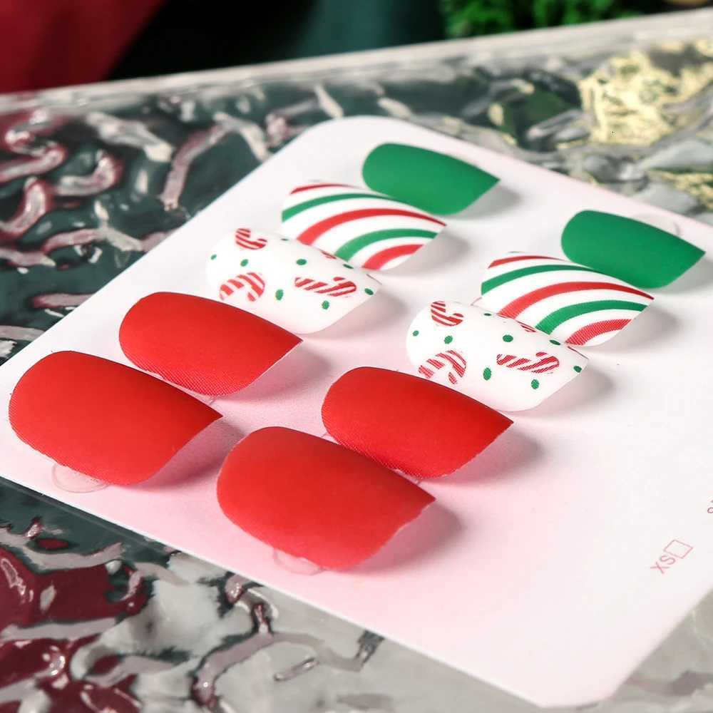 24Pcs/box Christmas Square Round Fake Nails Colorful LineRound Dot Press On Nails Full-Cover Short Square Glossy Xmas Nail TipsT251118T251119