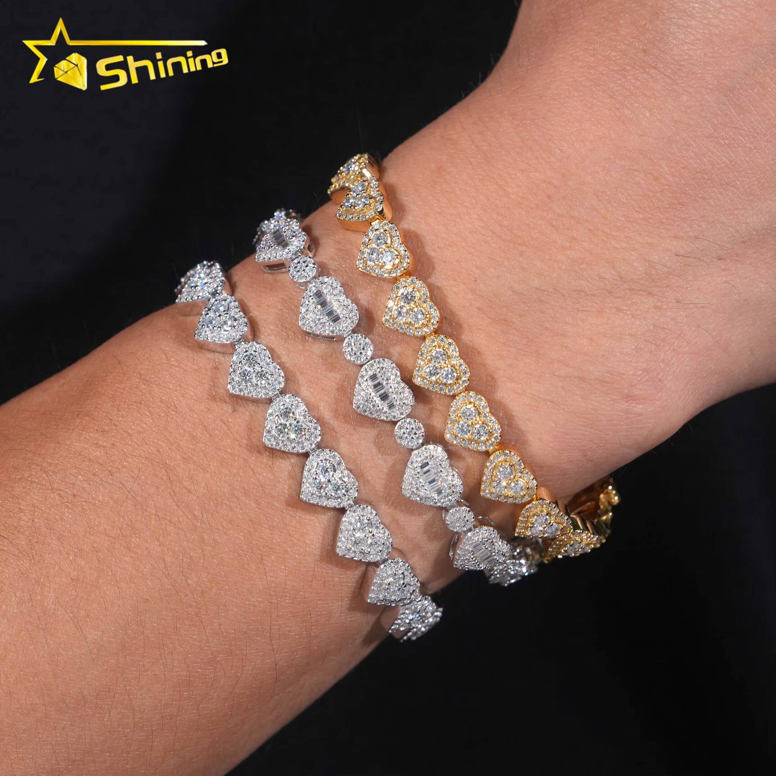 Hot Sale Heart Iced Out Links VVS Moissanite Pass Diamond Tester Gold Plated 925 Sterling Silver Hip Hop Cuban Link Bracelet