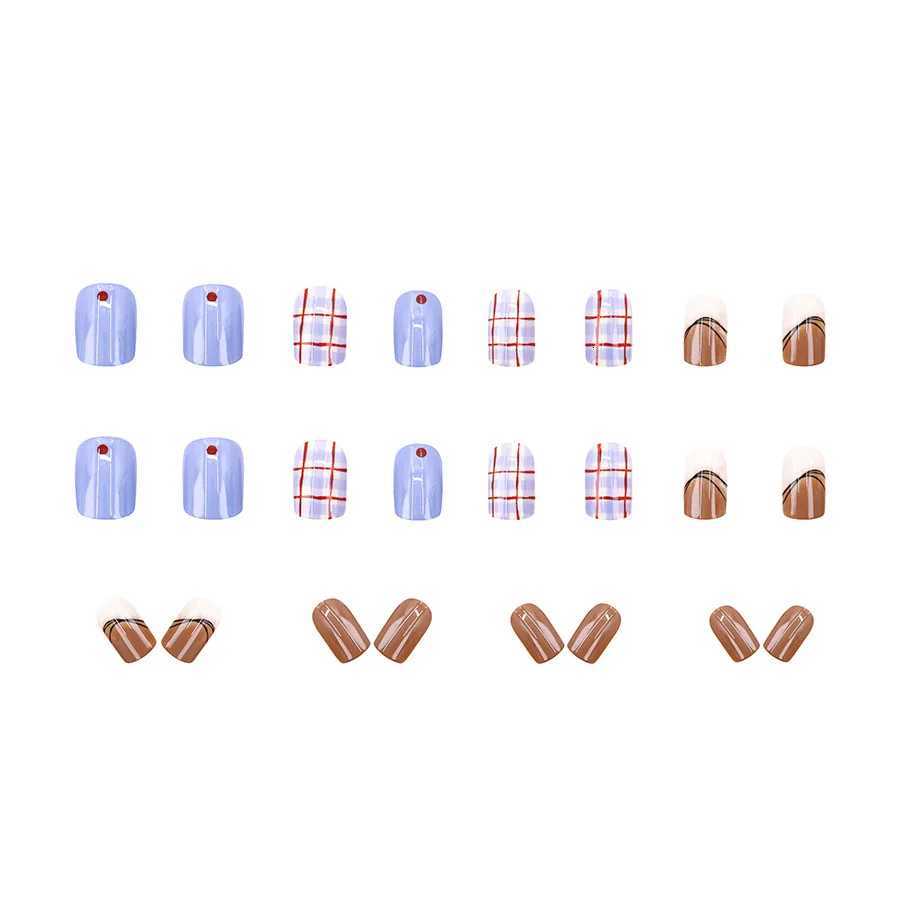 24pcs Press on Nails Blue Checkered Gradient Short Full-Coverage Nail Tips for WomenGirl Removable wearable Nail Daily WearT251118T251119
