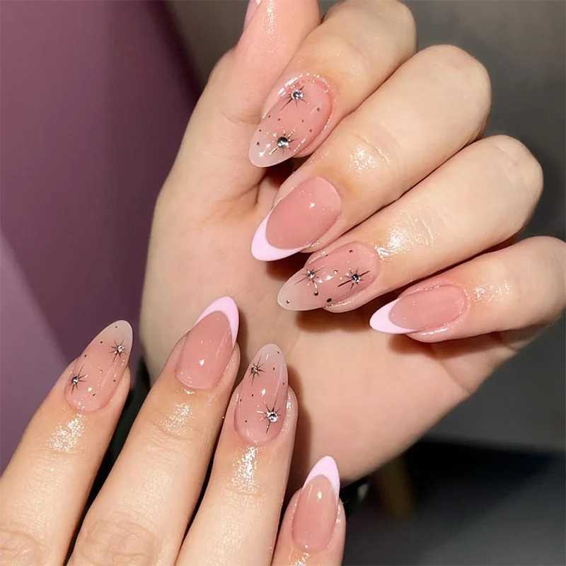 24pcs Almond Press on Nails Set Wearable Fashion Rhinestone Argent Smudge Design False Nail Art French Tips Short Oval Fake NailT251118T251119