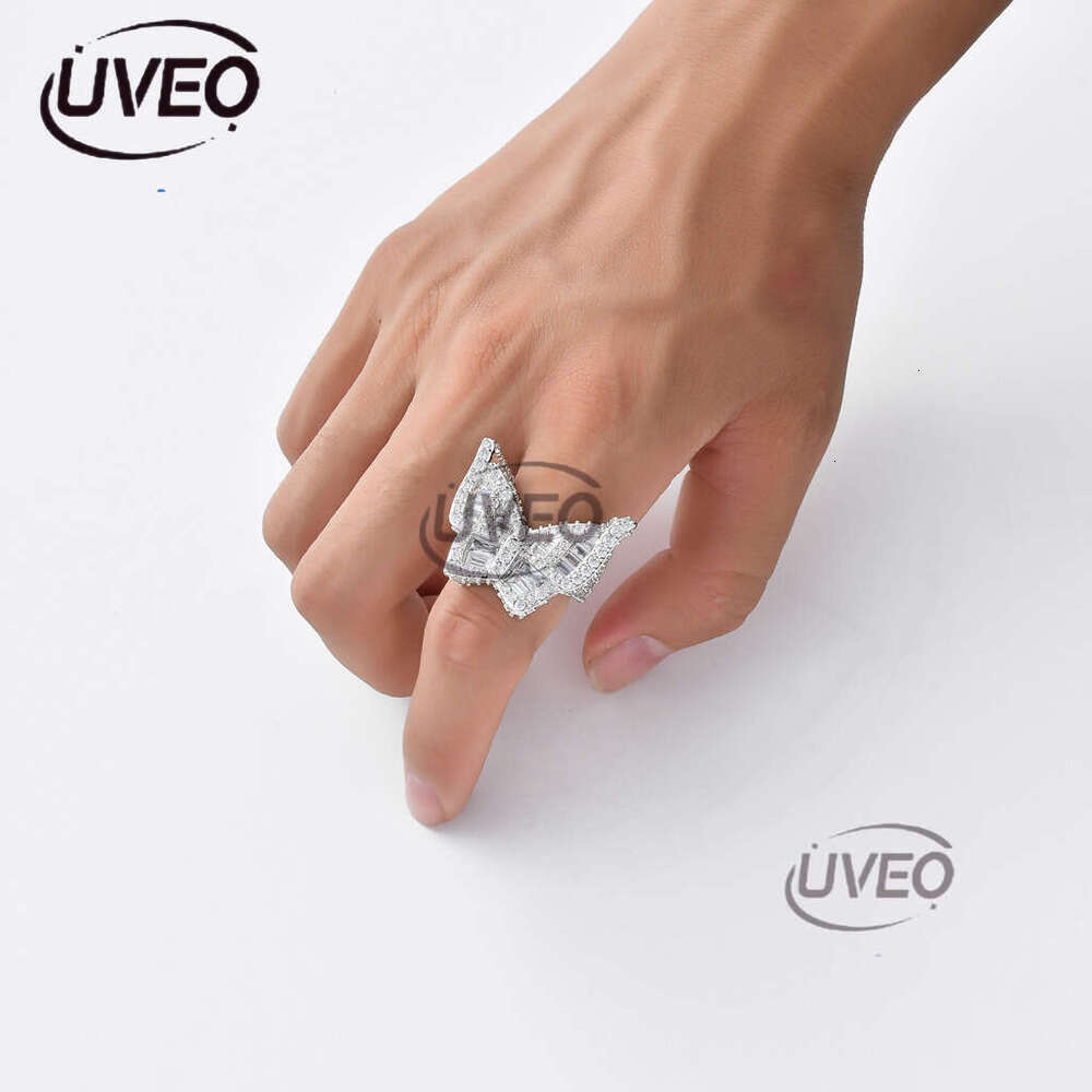 Luxury designer sterling silver hip hop butterfly ring, micro-inlaid ice out VVS Moissanite, hip hop ring for men and women