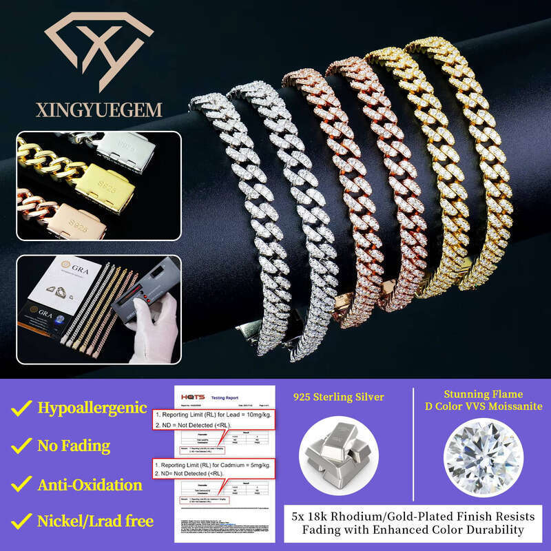 Unisex Hiphop Jewelry 6mm Gold and Sier Plated Cuban Chain Bracelet Moissanite for Men