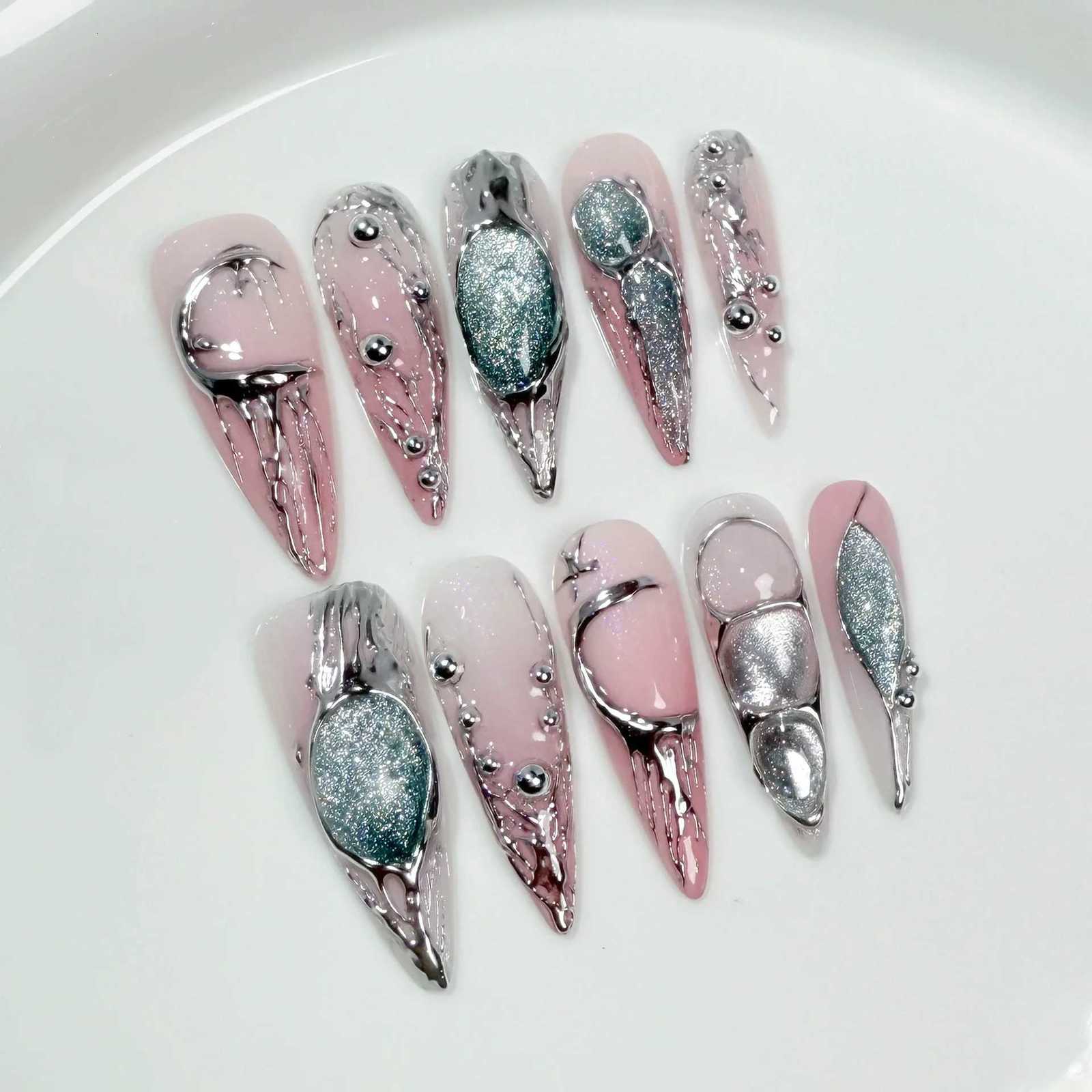 10pcs Golden Stiletto Handmade Press on Nails Retro Fake Nails with 3D Decorations False Nails Artificial Nail T251118T251119