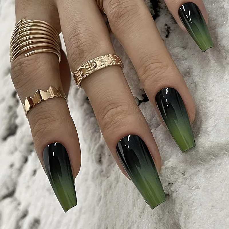 Black Green Long Coffin False Nails Gradient Color Press on Nails Full Cover Ballet Fake Nails Tips for Women Girls DIY ManicureT251118T251119