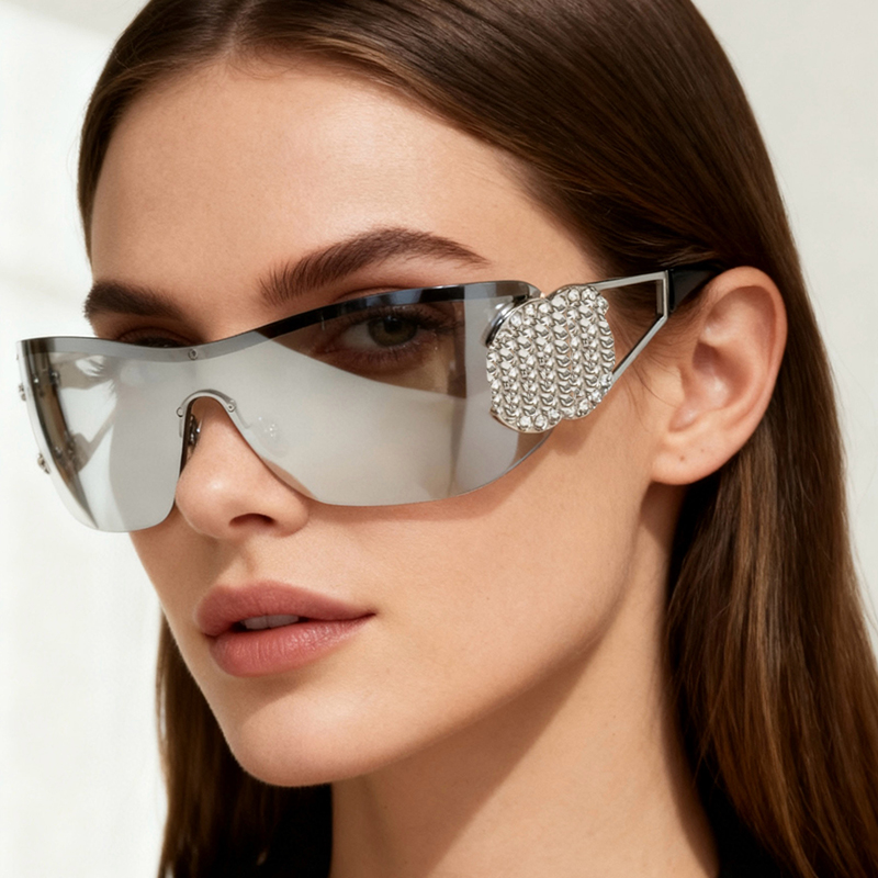 Designer Sunglasses For Women Exclusive Shield Sunglasses Silver Metal Mirror Lens Goggles CH luxury brand trendy street shooting daily outfit ski glasses 9579