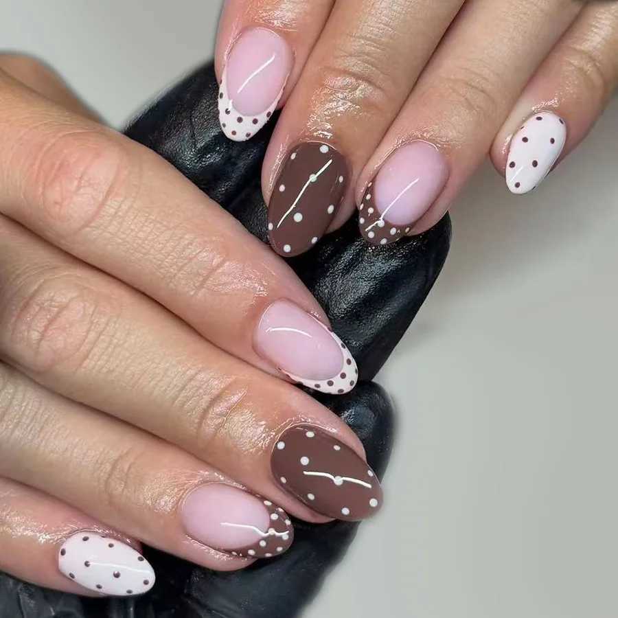 24pcs Blue Press on Nails with Polka Dot Pattern Design Almond Full Cover Nail Tip Flower Rhinestone False Nail French Fake NailT251118T251119