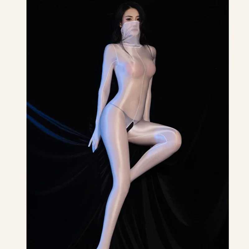 Womens sexy lingerie jumpsuit shiny body stockings see through underwear full set of open transparent pantyhose W250419