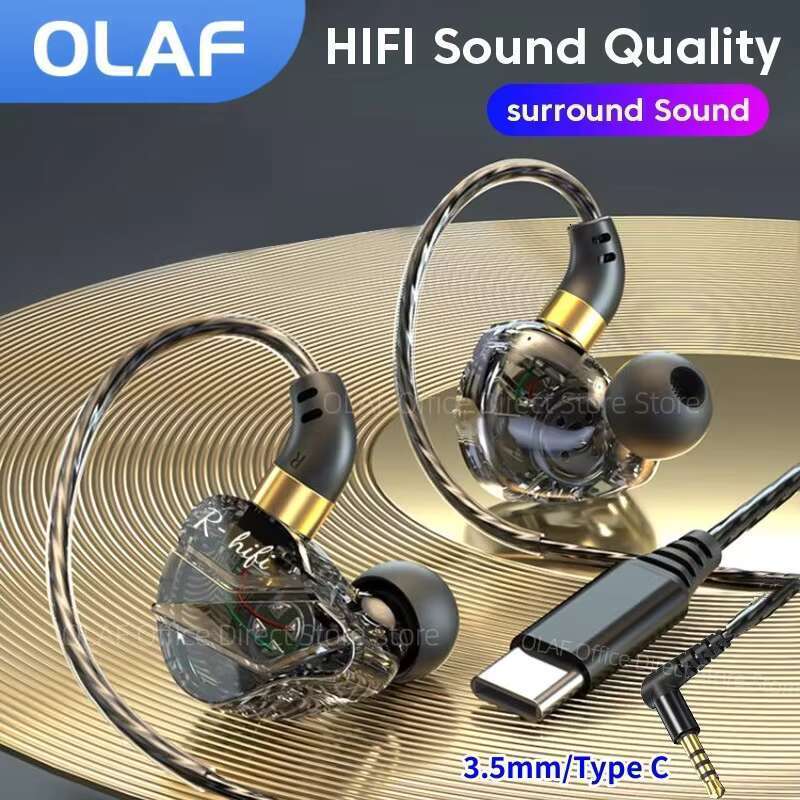 In ear C-type subwoofer wired headphones with microphone HiFi music monitor bass headphones, suitable for sports and gaming earbuds