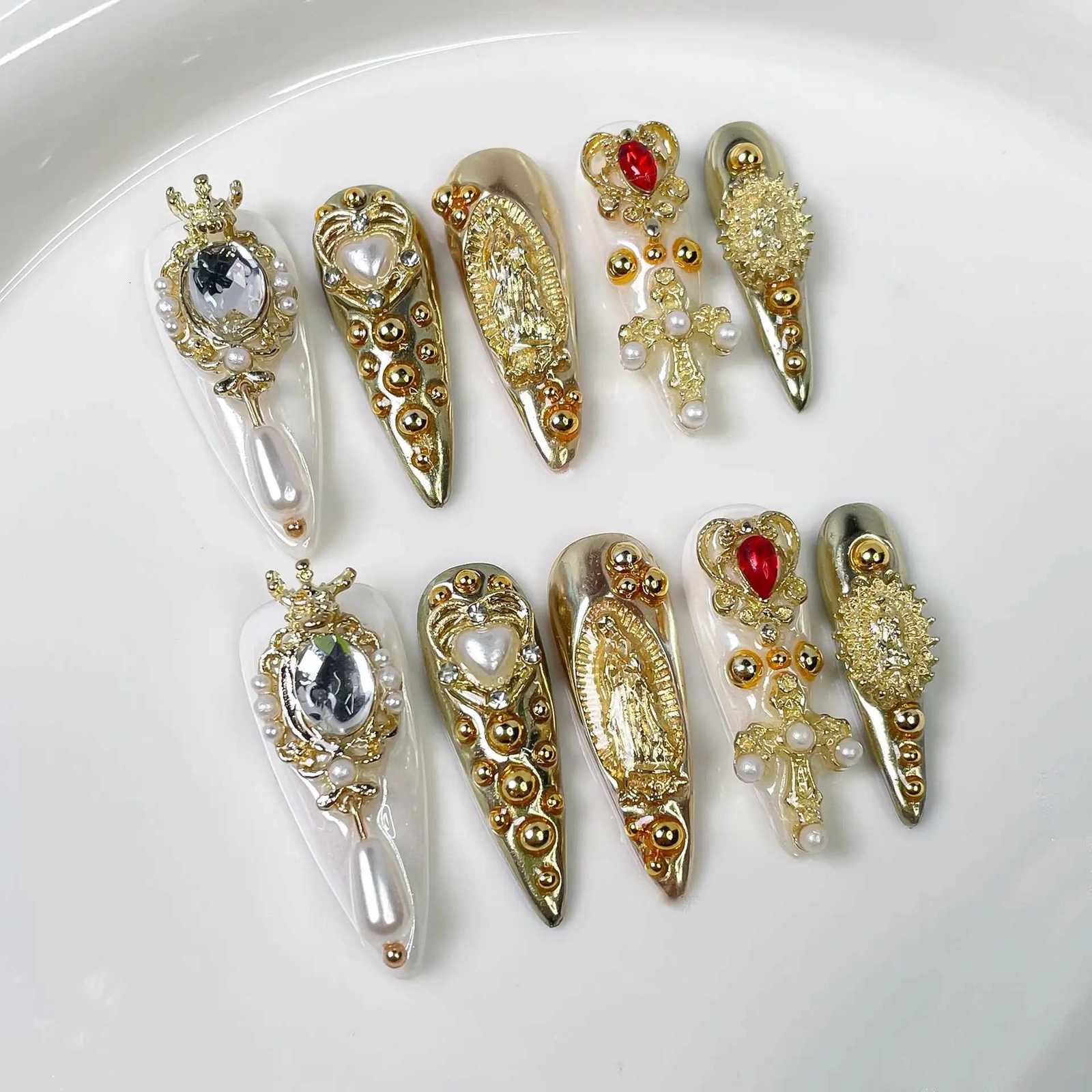 10pcs Golden Stiletto Handmade Press on Nails Retro Fake Nails with 3D Decorations False Nails Artificial Nail T251118T251119