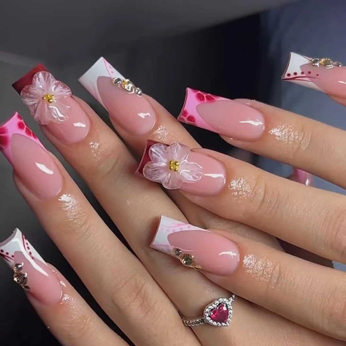 24Pcs Blue Smudge French False Nails Press on 3D Flower Starfish Shell Fake Nails Mid-length Square Wearable Full Cover Nail TipT251118T251119