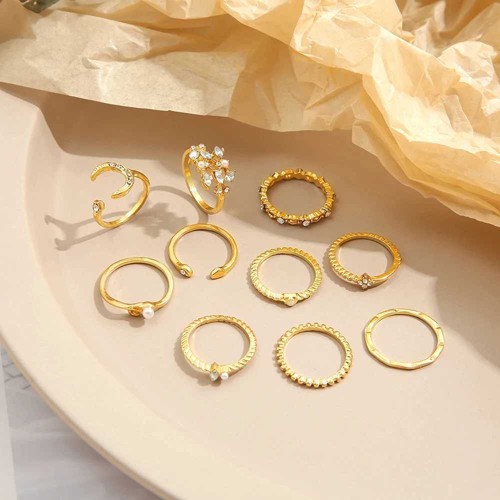 10 piece ring set gold colored chain ring set Bonn style coins Snake Moon Star party trend gift jewelryC250419
