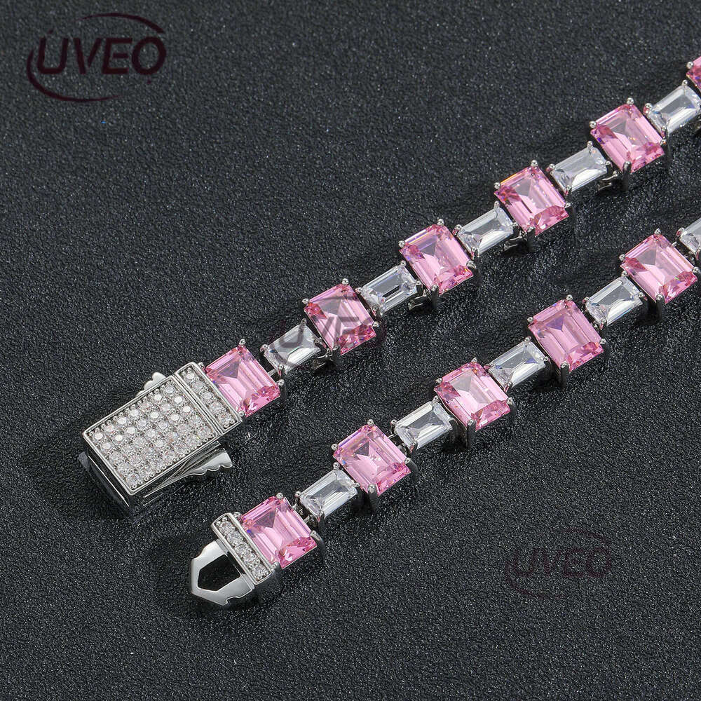 Luxury designer Pink square ice out VVS Moissanite tennis collarbone chain, hip hop necklace bracelet for men and women Free delivery