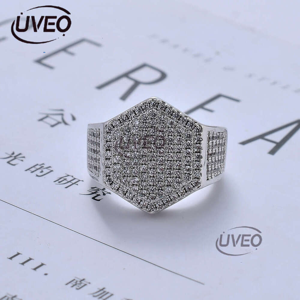 Luxury designer Hexagonal Ice Out VVS Moissanite Ring for Men Hip Hop Ring with free shipping