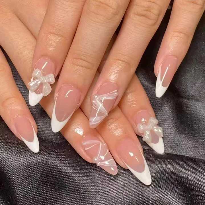 24Pcs Mid-length Almond Press on Nails with Flower Shiny Powder Design Fake Nail Detachable Finished Full Cover False Nails TipsT251118T251119