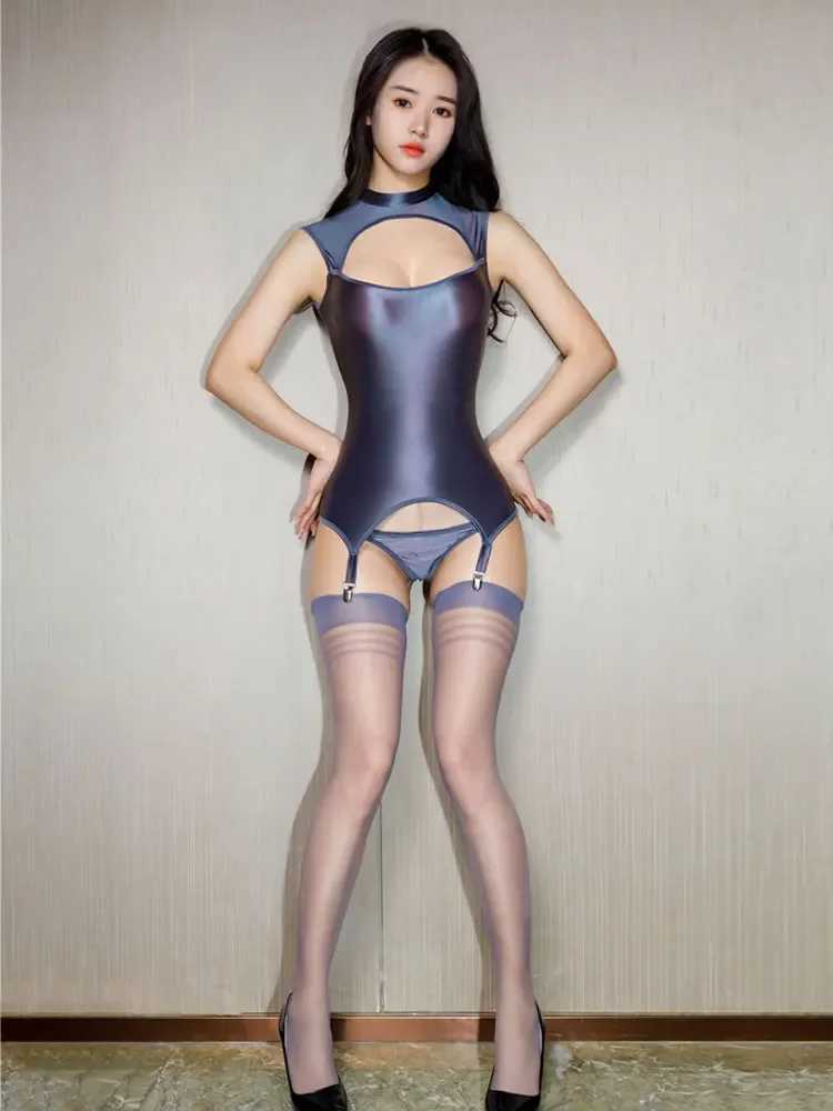 Elastic satin smooth hollow tight fitting garment shiny open crotch tight transparent tight fitting garment candy color with garter and long socks G-s