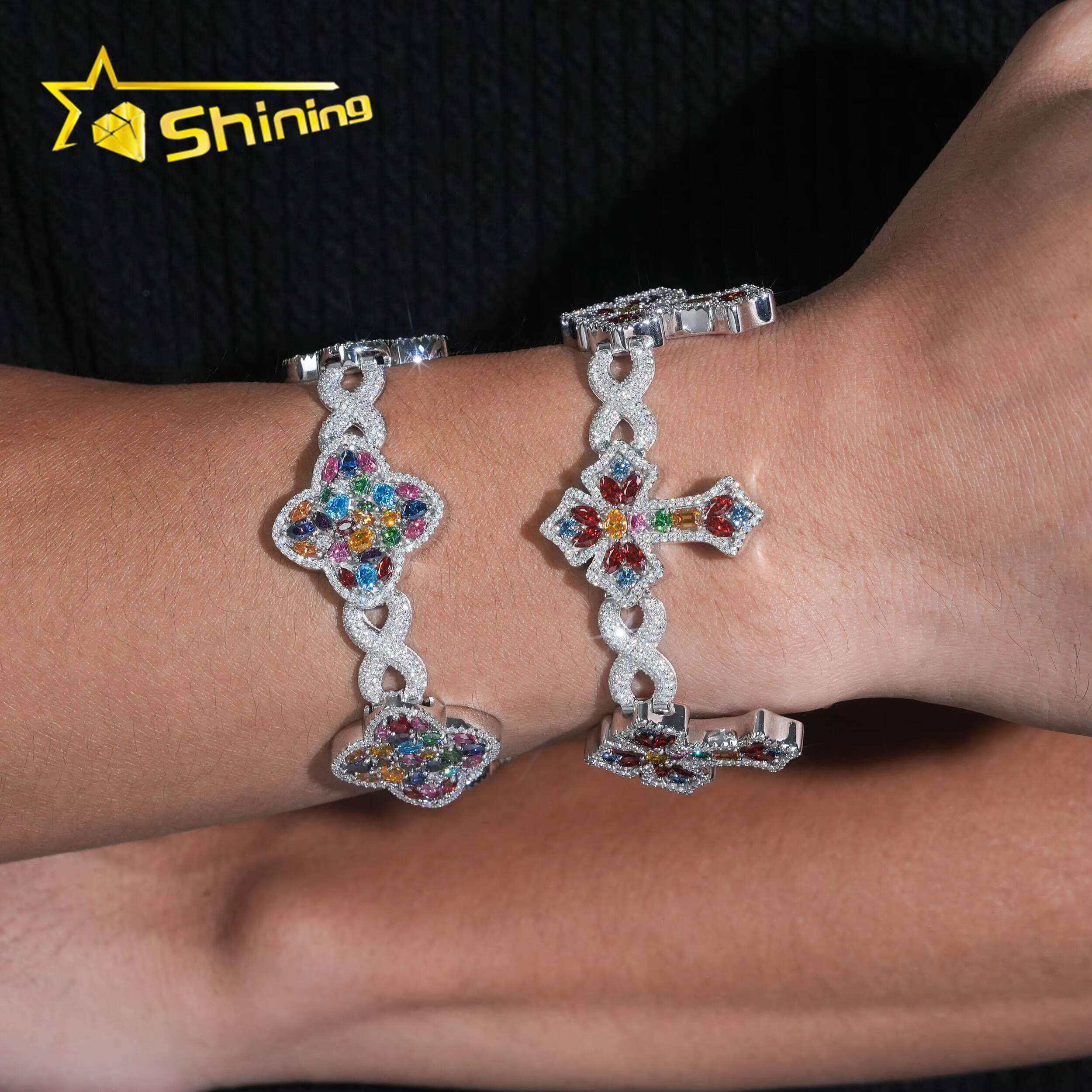 Hip Hop Jewelry Luxury Fancy Colored Moissanite Cross Cuban Bracelet Silver 925 Iced Out Infinity Moissanite Bracelet Men