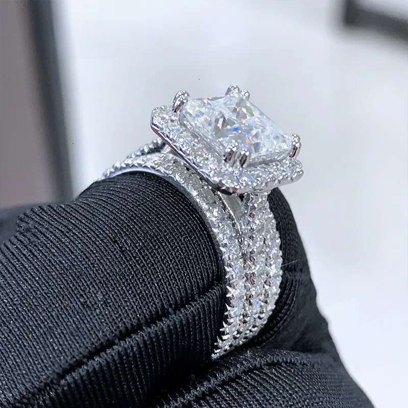 Cadermay sier 3ct square princess cut vvs moissanite halo pave stacking engagement wedding ring set for women