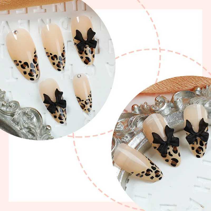 24pcs Almond-Shaped Nails Leopard Print Featuring a French Tip Design And 3D Bow Decor Glossy Full Coverage Press-On Fake NailsT251118T251119