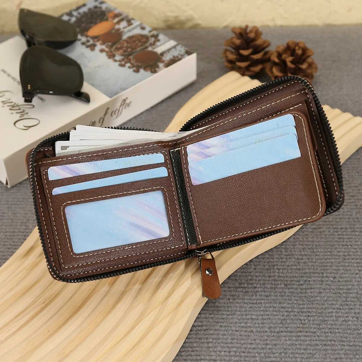 New Mens Business Wallet Classic Spliced Zipper Synthetic Leather Multi Card Short Wallet Large Capacity Card Bag Zero WalletT251119