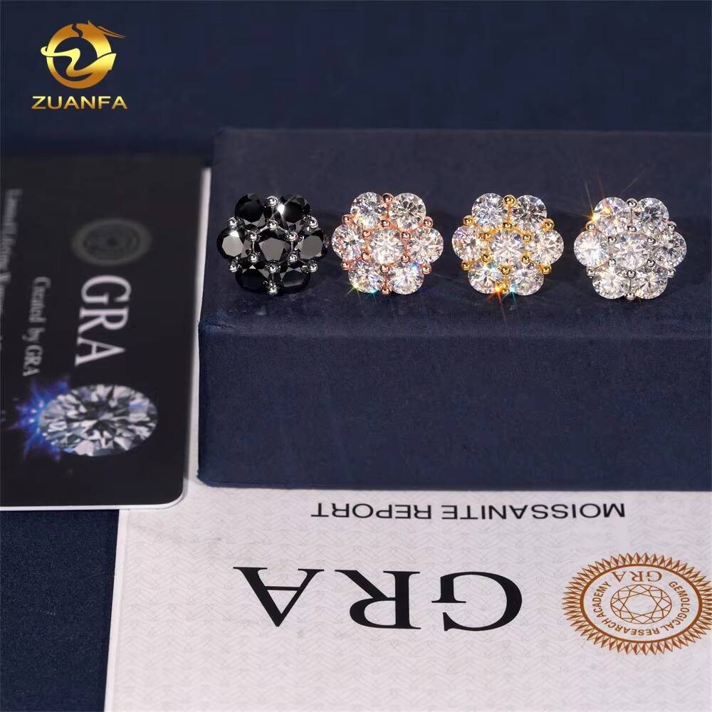 Cluster Fashion 9mm 12mm 15mm Ear Studs Screw Back Iced Out Hip Hop Jewelry 925 Silver Vvs Moissanite Women Flower Stud Earring