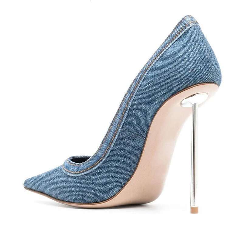 2025 Denim Sexy Women Heels Pointed Toe Dress Ultra High Heel Shoes Office Pumps Blue Sandals Size 34-45