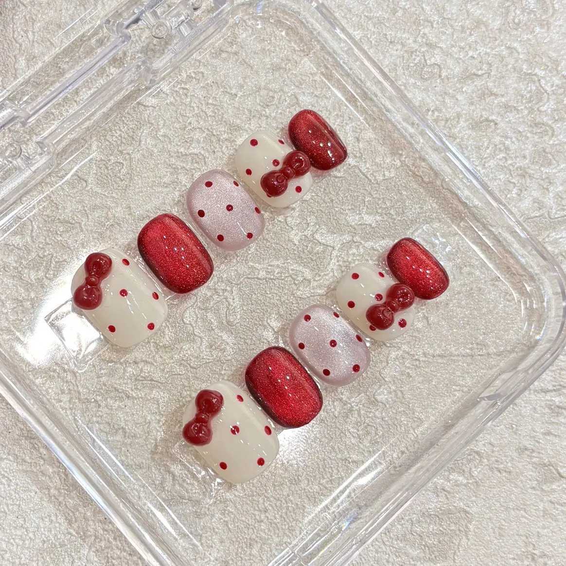 10pcs Handmade Press on Nails Red Polka Dot Cat-Eye Bow Full Coverage Nail for WomenGirl Short Oval Removable Wearable NailVT251118T251119