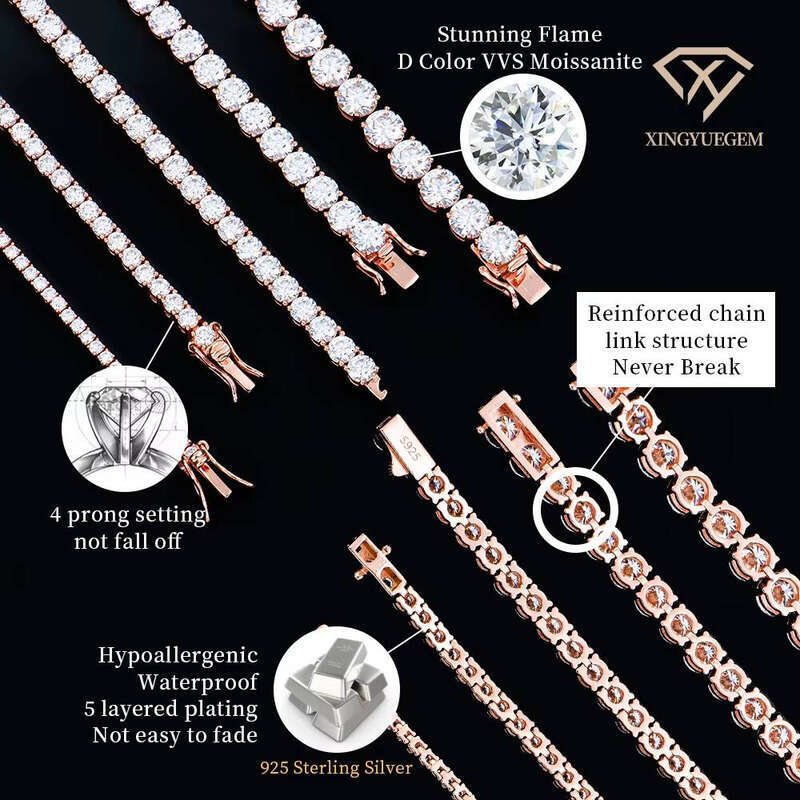 Men and Women Hip Hop 2 3 4 5 6 Millimeter Rose Gold Plated Jewelry Gra Vvs Moissanite Pure Sier Tennis Chain Bracelet