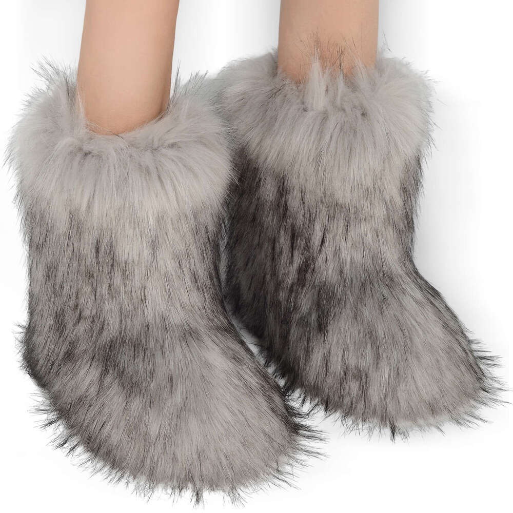 Snow Boots Flat High-Top Imitation Raccoon Fox Fur Winter Warm Mid-Calf Women's Shoes dh1103675481