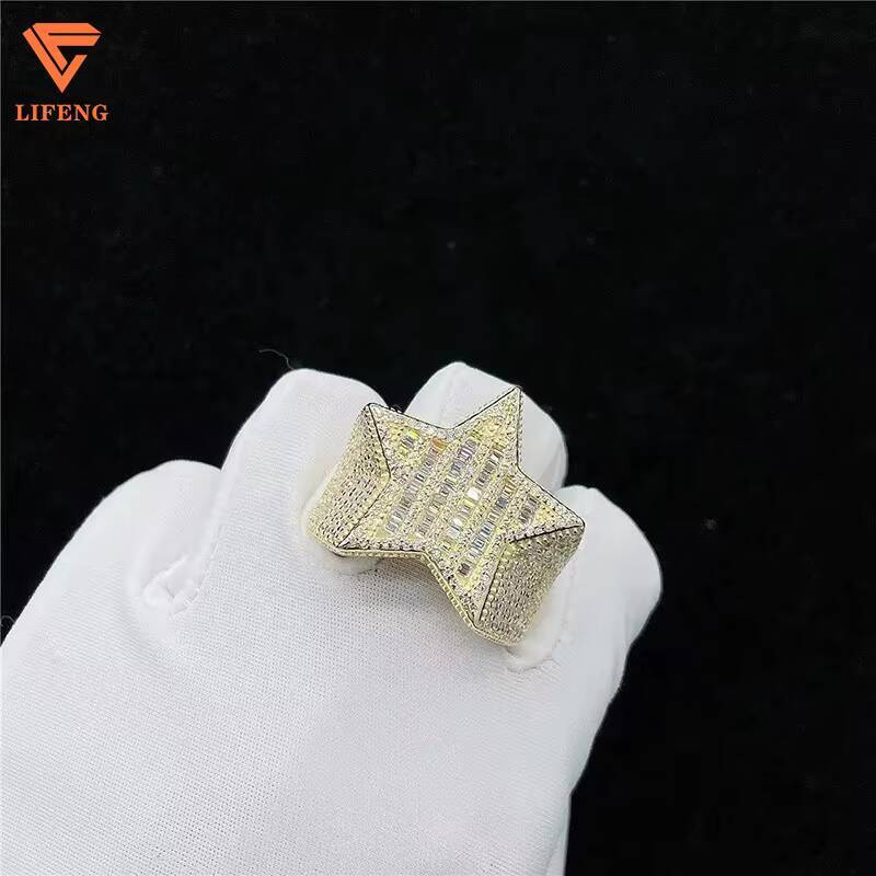 Fine Jewelry Luxury Band Ring 925 Sterling Silver VVS Moissanite Diamond Gold Plated Iced Star Blingbling Hip Hop Style Baguette