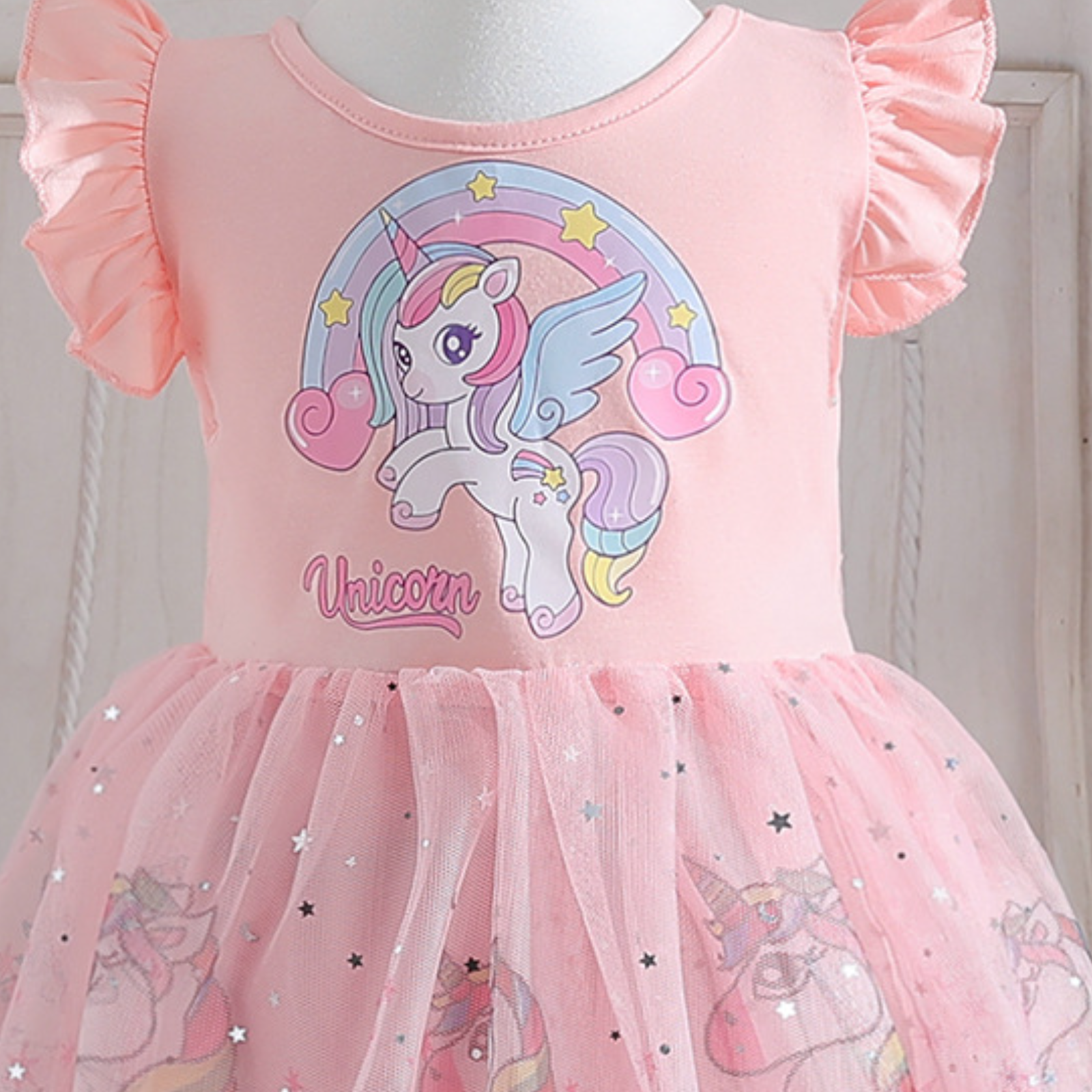 DISNEY kids designer clothes dress short-sleeved unicorn printed mesh Fairy princess dress unicorn dress for girls children birthday short sleeve puff