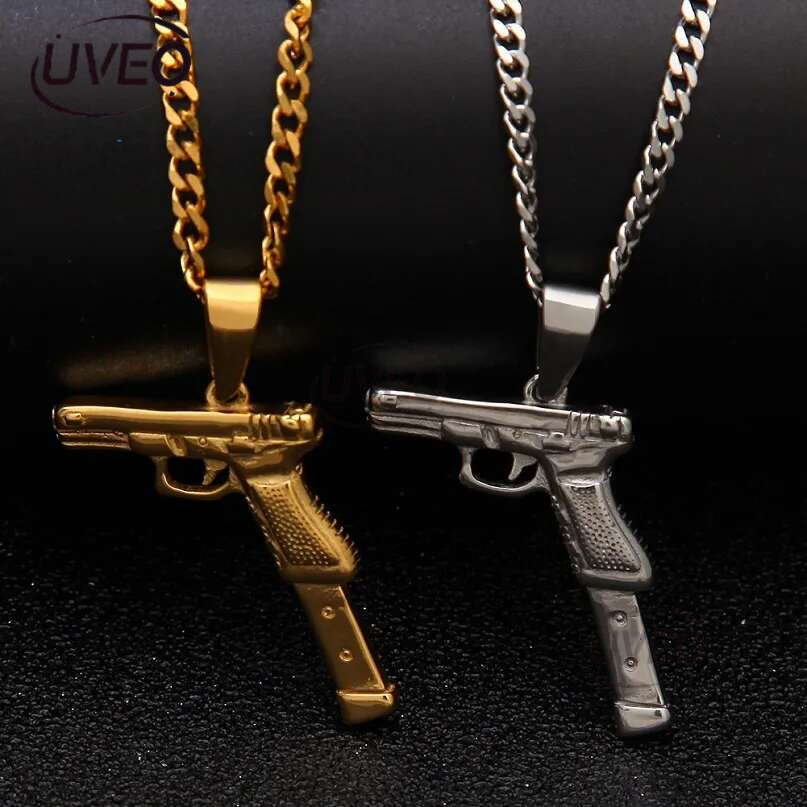 Gold Pistol Necklace Mens Necklaces Stainless Steel Gun Pendant Hip Hop Jewelry