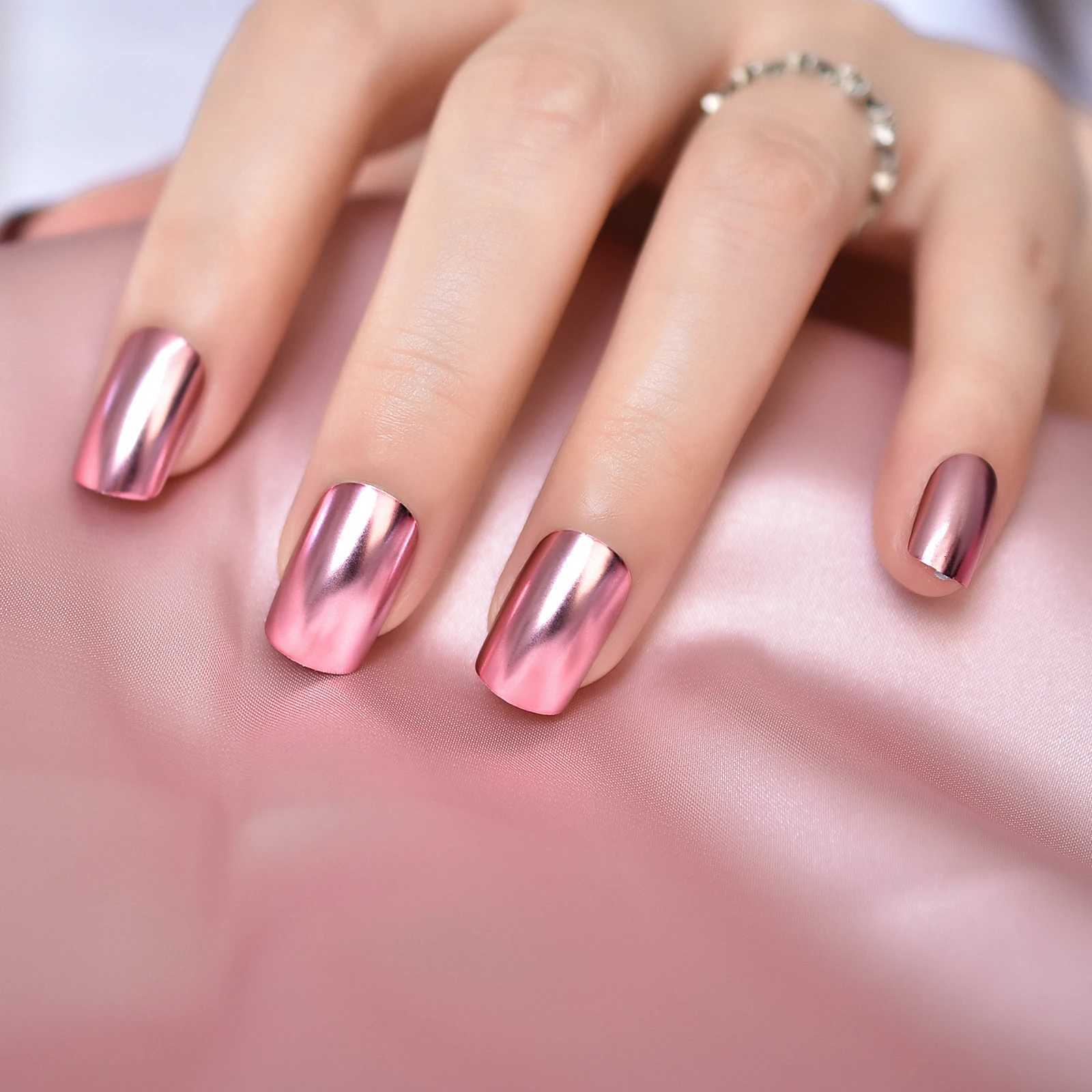 Chrome Punk Metallic PinkSquare Press On False Nails Medium Short Length Fingernails Bright Acrylic Manicure Art Tips 24pcs/SetT251118T251119