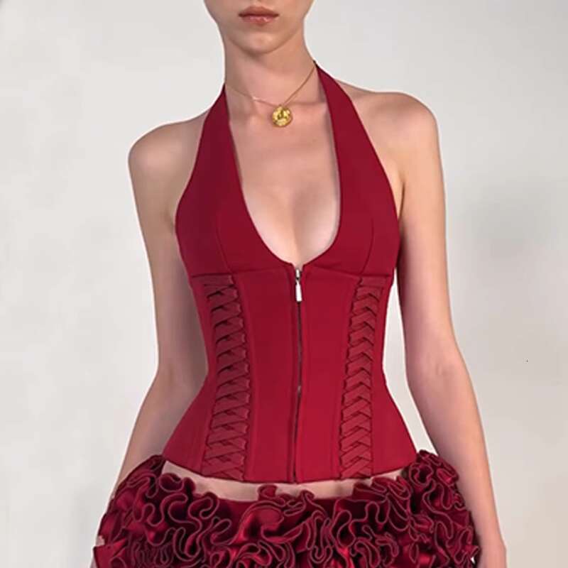 Jinzhini's Fashionable Cross Strap Zipper Slim Fit Hanging Neck Vest Women's Red Backless Sexy Short Top