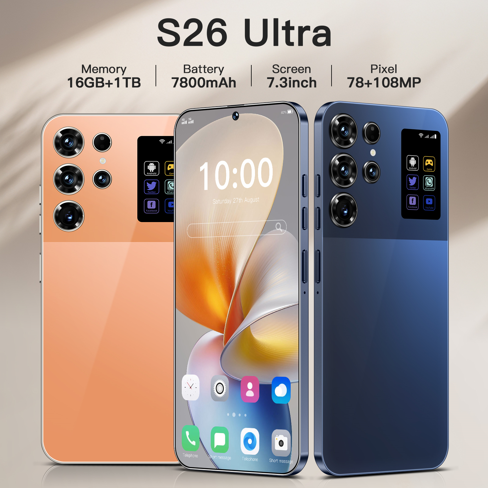 The best-selg S26 Ultra features an octa-core 16+1TB mid-hole 7.3-inch model Unlock Touch Screen Phone Androids Camera Telephone HD Display Face Recog
