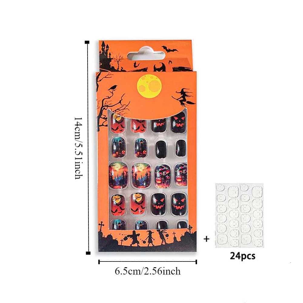 24Pcs/set Bat Spider Web Children Halloween False Nails Pumpkin Ghost Kids Cartoon Fake Nails Nail Supplies with Jelly GelT251118T251119