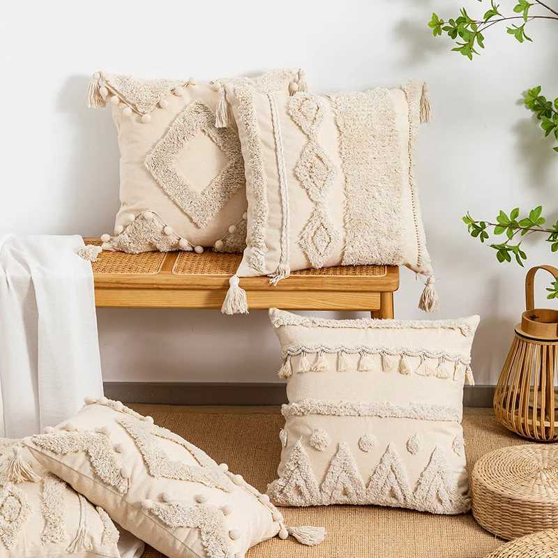 Beige Tufted Fringed Cushion Cover Wabi-sabi Cotton and Linen Decorative s for Sofa Geometric Tassel Cover HomeM251119