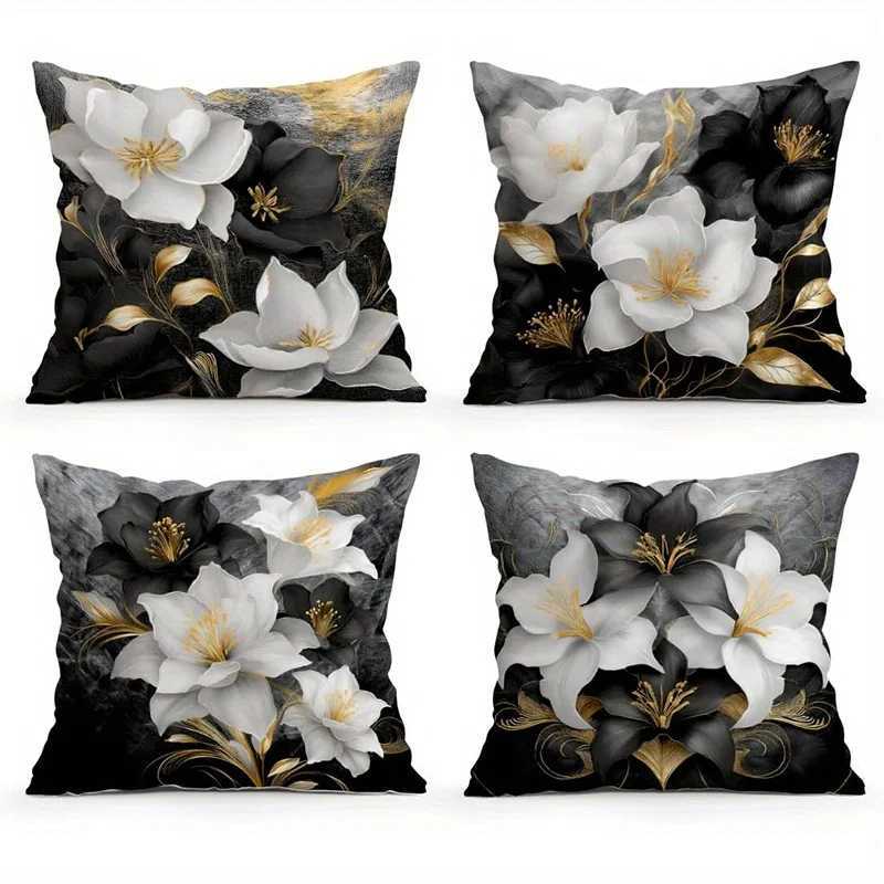 Home Decor Black White Flowers with Gold Accents Covers Pattern Cushion Cover Suitable for Sofa Bedroom Car M251119