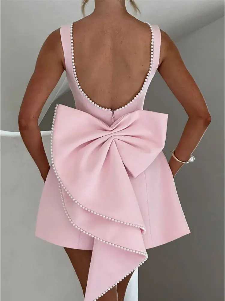 Elegant pearl bow backless short skirt womens sleeveless party cute mini dress black and white pink chic birthday night Y2K new style M250419