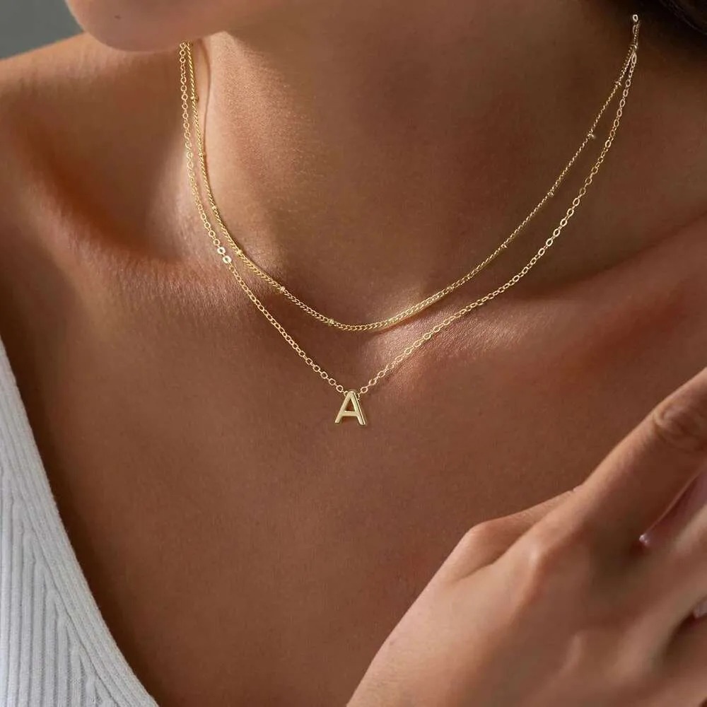 Golden Necklace 14k Gold Plated A-Z Small Initial Layered Personalized Letter Combination Exquisite Name Pendant Necklace Women's Jewelry Fashion