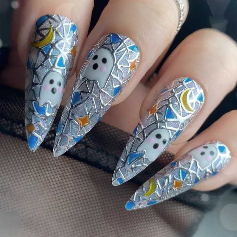 24P/Set Halloween Fake Nails Art Ghost Face Pumpkin Spooky Designer Girls Party Press on Nail Tips Wearable Stick on Nails FalseT251118T251119