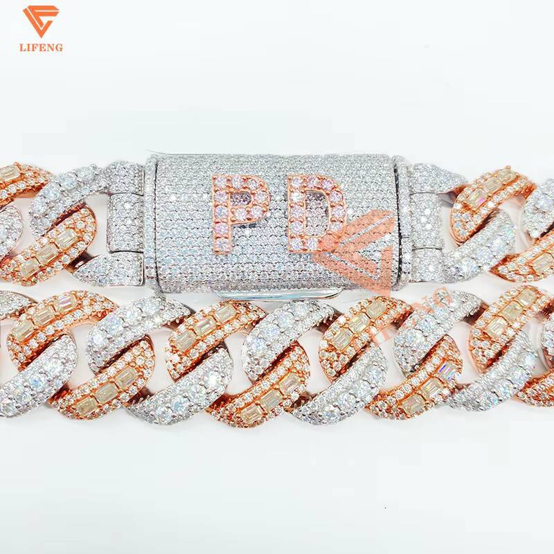 Baguette Cut Rose Gold Plated Two Tone Necklace Iced Out 18mm 925 Sterling Silver HipHop Jewelry Vvs Moissanite Cuban Link Chain